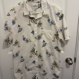 American Eagle Outfitters Mens LT Surfboard Palm Tree Hawaiian Shirt White